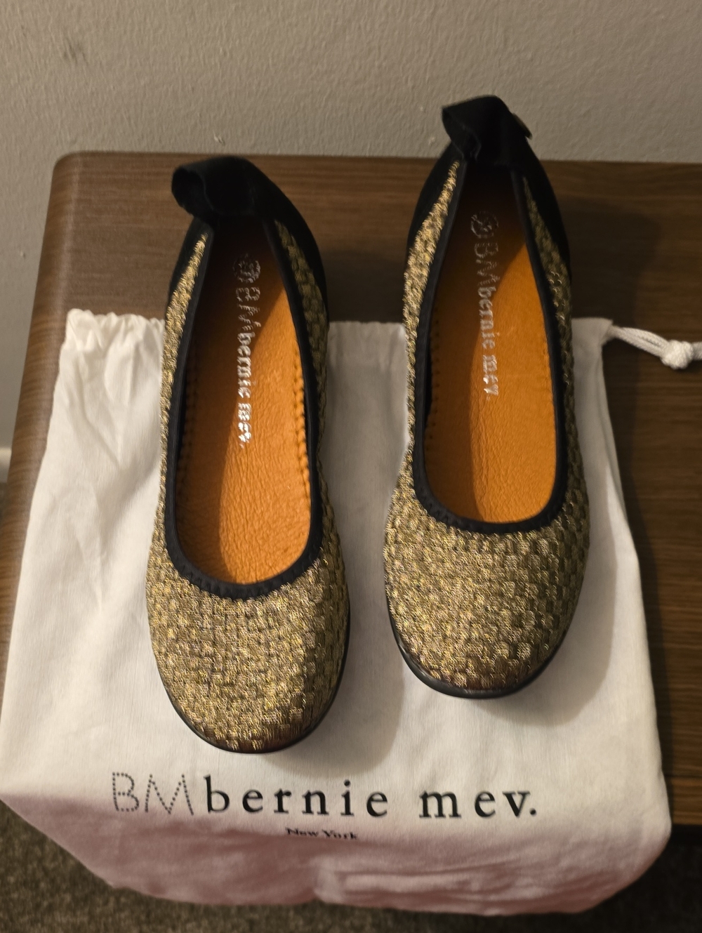 NWOT bernie mev. Gold Woven Ballet Flats with Black Trim